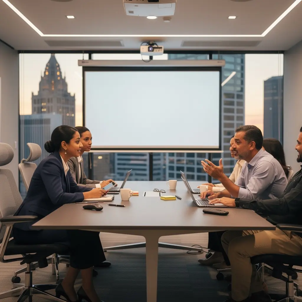 Stylowe miejsce spotkań z jasnym oświetleniem i minimalistycznym wystrojem.