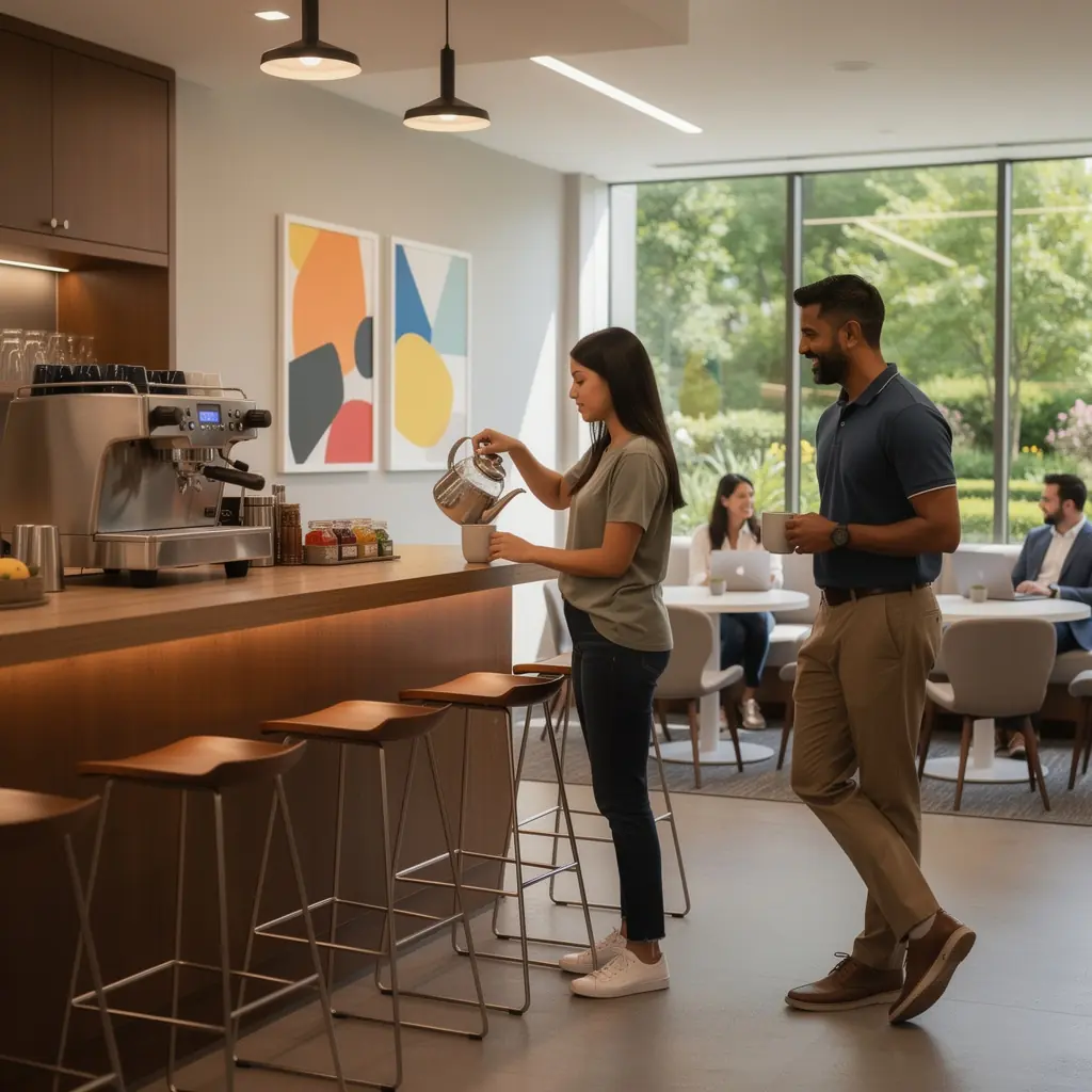 Przestronna sala konferencyjna z dużym stołem i ergonomicznymi krzesłami.