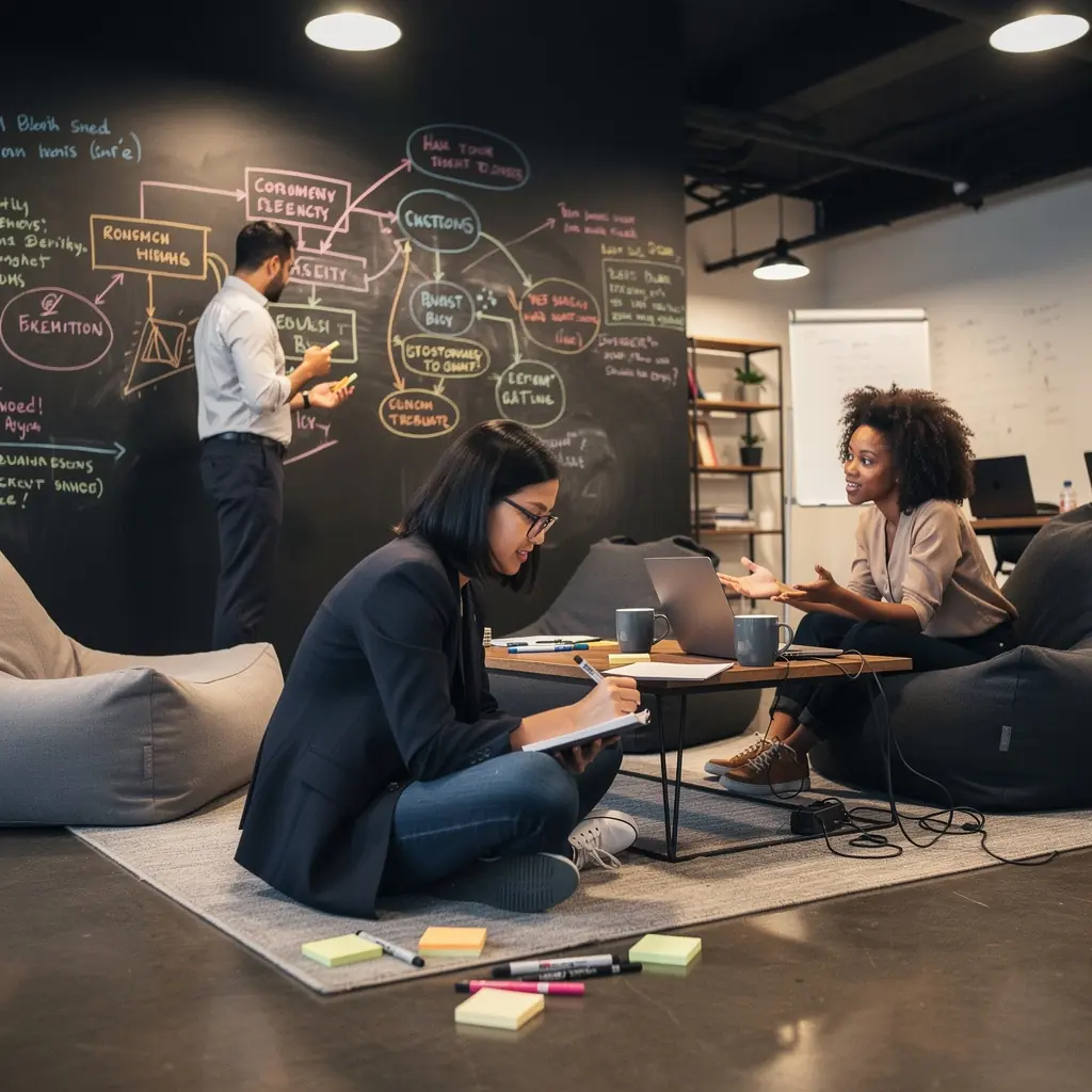 Przytulna sala spotkań z dużymi oknami i naturalnym światłem.